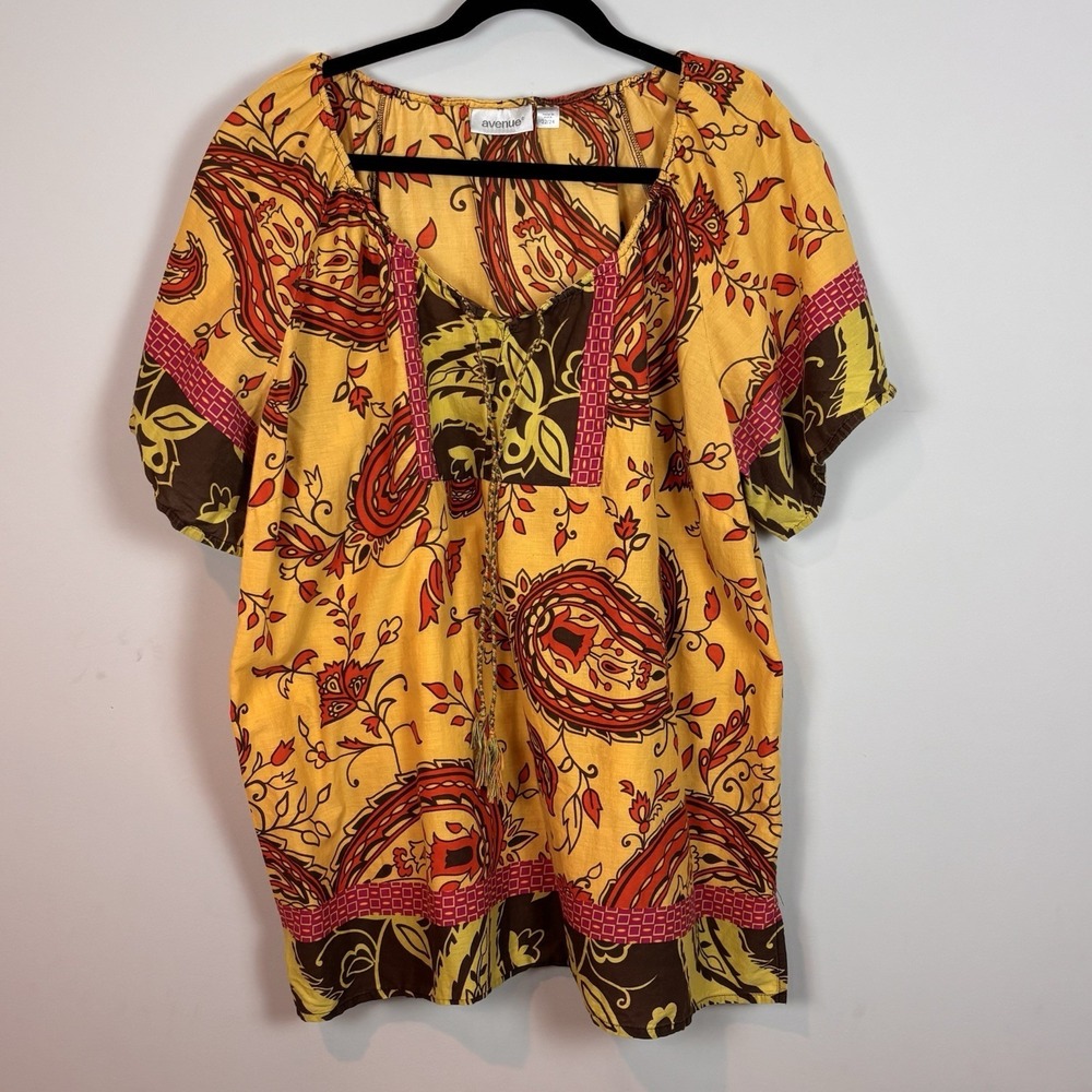 Avenue Women's Yellow Paisley Tassel Boho Peasant Short Sleeve Shirt Size 22/24